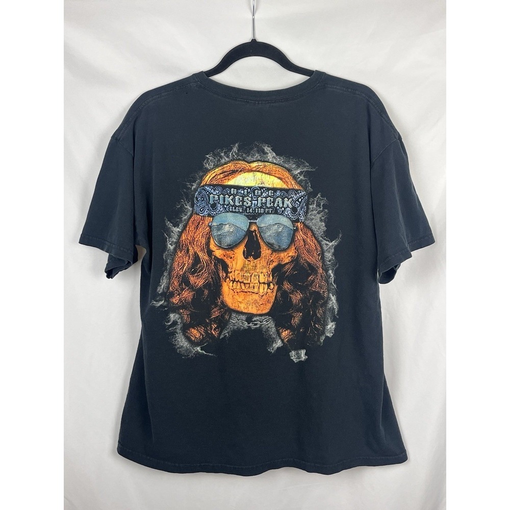 Vintage PIKES PEAK Black Skull T-Shirt‎ Lg Thrashed Grunge Biker 90s/Y2K Unisex